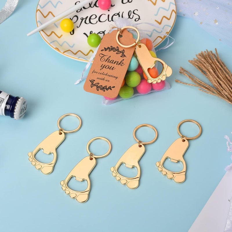 KaGrbves 50 Pieces Footprint Bottle Opener Baby Shower Favors for Guest with Key chain and Organza Bags Tags (gold) - Image 4